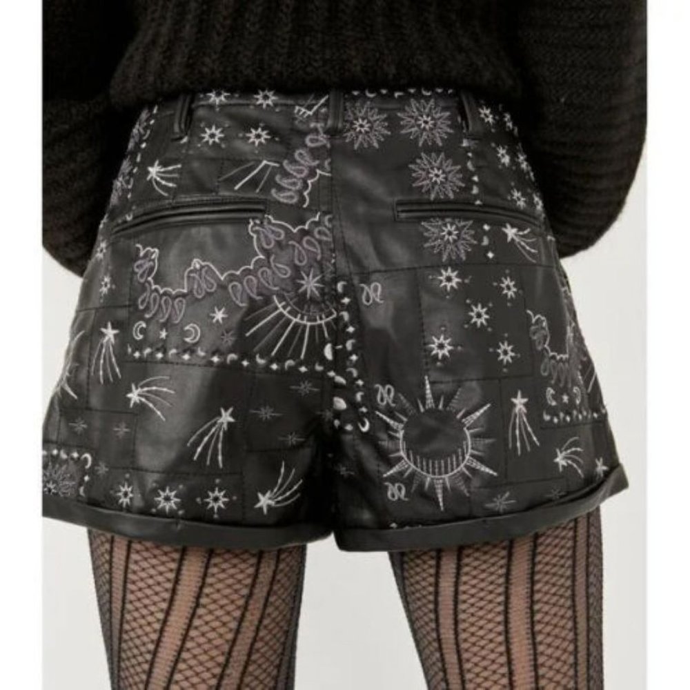 NWT Free People Shorts Raise The Stakes Black Faux Leather Embroidered $128 - Picture 4 of 7